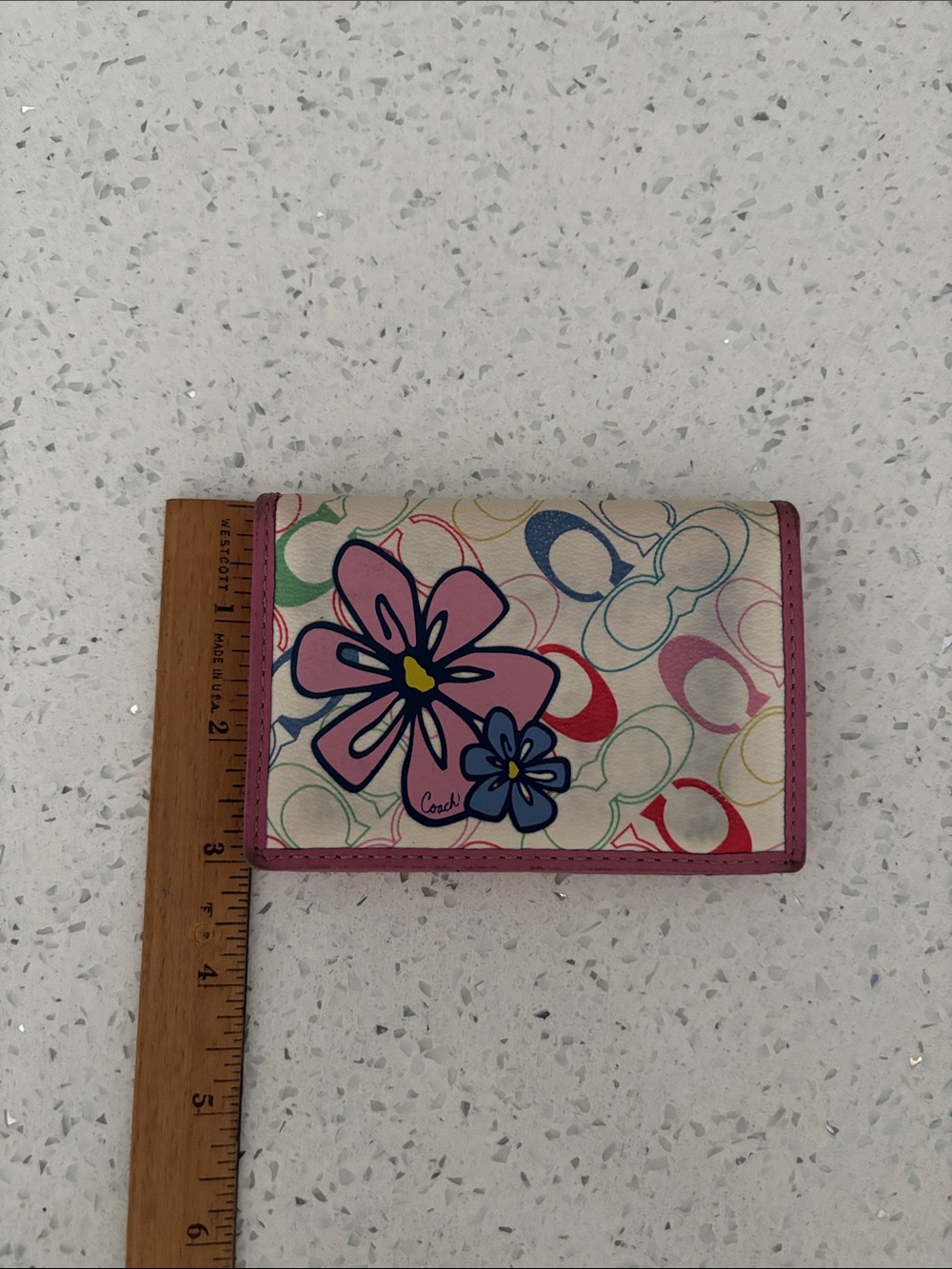 Rare Vintage Coach Multicolor Floral Signature Card Holder Wallet Case Pink Trim - Picture 9 of 13